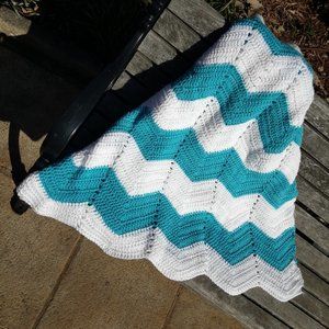 Afghan Quilt Crochet Hand Embroidery Crocheted Blanket Teal White Throw Baby Zig